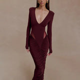 2025 New Solid Color Long-Sleeved Deep V-Neck Sexy Folded Empty Bag Dress Dress