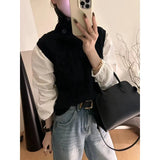 Woherb 2024 New European Goods Button High-Neck Knit Vest Female Retro Button Pure Color Rhomenge Vest Tide-Outfit