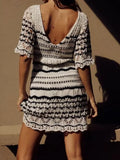 2023 Women Summer Mini Dress Vintage Striped Knitting Short Sleeve Lining Female Elegant Street Hollow Out Dresses-Outfit