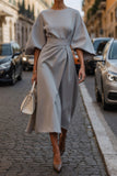Women's Fashion Temperament Elegant Solid Color Waist Dress Casual Bat Sleeve