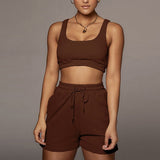 Solid Sportswear Two Piece Sets Women 2021 Crop Top And Drawstring Shorts Matching Set Summer Athleisure