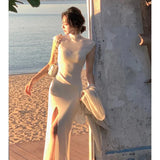Bodycon White Turtleneck Knitting Midi Dresses for Women 2023 Autumn Winter New Elegant Party Split Vestidos Female Clothes-Outfit