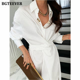 Elegant Single-breasted Women Solid Dress 2021 Autumn Lapel Full Sleeve Cross Waist Ladies Split Vestidos Female Dress-Outfit