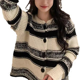Woherb New Small Casual Female Cardigan Jacket Korean Version Of Color Stripe Short Coat Female Autumn And Winter-Outfit