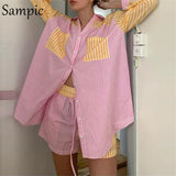 Casual Women Summer Beach Tracksuit Shorts Set Striped Blouse Shirt Tops And Mini Shorts Suit Two Piece Set