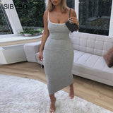 Ribbed Spaghetti Strap Cotton Dress Women Sleeveless O-Neck Summer Dress Solid Backless Long Party