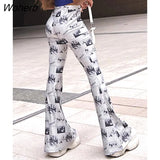 Y2k Casual Prints Flare Pants For Women Clothes Elastic Waist Fashion Hip Wrap Pantalones Mujer Streetwear Sexy Trousers-Outfit