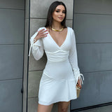 Autumn Women's New Deep V Long-Sleeved Sexy Tee Rope Dew Backpack Hip Short Dress