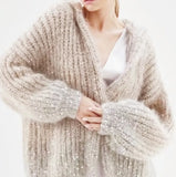 Long Sleeve Loose Knit Cardigan Gradient Hippocampus Hair Bead Hooded Sweater Ins-Outfit