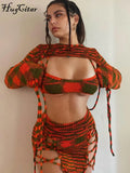 Print Knitting Women Long Sleeve Crop Top Drawstring Mini Dress 2 Piece Set 2021 Autumn Y2K Streetwear Outfit