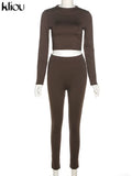 Kliou fashion tracksuit women turtleneck full sleeveless crop top+leggings matching set stretchy sporty fitness casual