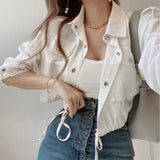 2021 Fall Autumn Spring Cute Short Coats Outerwear Hot Sales Women Lace-Up Solid Gray White Single Breasted Button