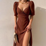 2024 Summer Chiffon High Split Dresses Women Short Sleeve Deep V Neck Midi Dress Woman Lace Elegant Vestido Feminino-Outfit
