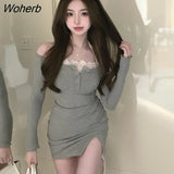 Women Sexy Grey Dress Harajuku Gothic Hot Girl Long Sleeve Mini Slim Knitting Dress-Outfit