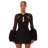 Women's Dress 2025 New Fashion Mesh Cross Hollow Plush Sleeves Body-Bred-Bum Dress Dress