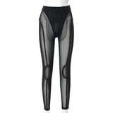 Bright Line Decoration Mesh See Through High Waist Slim Pants 2021 Autumn Women Fashion Streetwear Casual Sport