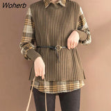 Plaid Shirts And Knitted Vests 2 Piece Sets Tops Women Fall Long Sleeve Shirts+solid Sweater Waistcoats Suits With Belts-Outfit