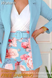 Women 2pcs Clothes Suit with Belt Long Sleeve Blazer & Floral Print Shorts Set-Outfit