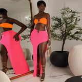 2022 Women 2 Pieces Strapless Sexy Set Skinny Silt Color Contrast Y2K Outfit Outfits Sexy Party Club Vacation Summer-Outfit