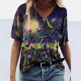 3D Floral Print T-shirts Women Fashion Short Sleeve Loose Tops Casual V-neck High Street Tee Plus Size Top