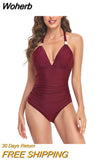 New One Piece Swimsuit Women Solid V Neck Swimwear Female Halter Monokini Bodysuit Backless Swim Beachwear Bathing Suit-Outfit