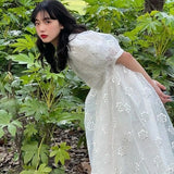 Long Fairy Dress Women Sweet Mesh Hollow Out Designer Vintage Dress 2021 Elegant Korean High Waist Party Floral Dress-Outfit