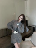 Grey Shirts + Skirt + Tie + Vest Suit Female 2022 Spring Dress Ladies Knitted Vests Layered Shirt Royal Sister Three-piece