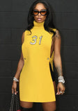 Sweet Turtleneck Sleeveless Letter Print Slit Mini