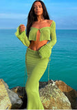 Sexy Hollow Out U Neck Long Sleeve Crop Top And Long Dress Two Piece