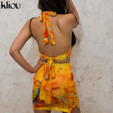 Kliou Tie Dry Two Piece Set Women 2021 Sexy Halter Sequined Beachwear Cleavage Crop Top+Mini Skirt Suit Female платье