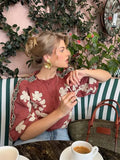 Printed Flower Embroidery Blouse For Women Chic O-neck Puff Sleeves Single Breasted Shirt Summer Female Party Elegant Top-Outfit