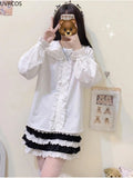 White Lolita Style Blouses Women Kawaii Rabbit Ears Peter Pan Collar Shirts Girly Victorian Cute Ruffles Long Sleeve Tops-Outfit