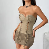 Women's Gold Velvet Without Steel Ring Splicing Perspective Lace Cover Dress