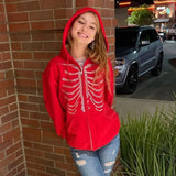 Rhinestone Skeleton Hoodies Women Autumn Streetwear Zip Up Goth Black Sweatshirts Harajuku Grunge Oversized Winter