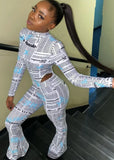 Sexy Newspaper Printed Round Neck Long Sleeve Tight Bodysuit and Flare Pants Set 2 Piece
