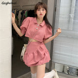 Women Sets Sweet Solid Short Puff Sleeve Tops Ruffles Mini Skirts Preppy Style Simple Streetwear All-match Female Summer Daily-Outfit