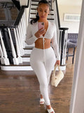 2021 Summer Solid Long Sleeves Bandage V Neck Crop Top Leggings 2 Pieces Set Bodycon Sexy Party Club