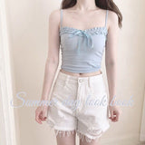 Japanese Crop Top Summer Kawaii Skinny Tanks Camis Blue Bow Tube Bras Y2k Short Solid Sexy Sleeveless Bandage Cropped Women