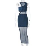 Women See Through Sexy Long Dress Black Mesh Bodycon Party Dresses Female 3 Piece Set Summer Sleeveles Cut Out