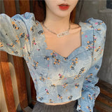 Vintage Print Women Denim Blouse Square Neck Puff Long Sleeve Blue Jean Short Shirt Casual Elegant Crop Korean Ladies