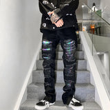3M Reflective Hole Washed Jeans Pants Men Streetwear Retro Plus Size Denim Trousers Ankle Zipper Luminous Casual