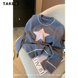 Winter Casual Knitting Long Sleeve Heart Appliques Pullovers For Women Vintage Loose Fit Grey Knitwear Sweater Cozy Top-Outfit