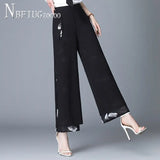 Layer Ice Silk Chiffon Women Pants Black Color M-4XL Female