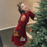 Winter New Half-Collar Mid-Length Knitted Dress Women Solid Sexy Mesh Stitching Off-Shoulder Long Sleeve Bow Dress