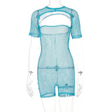 Fishnet Short Sleeve Hollow Out Sexy See Through Sexy Palysuit Bodycon 2022 Summer Women Outfits Beachwear