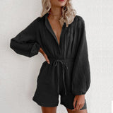 Fashion Casual Single Breasted Button Jumpsuit Women Elegant Solid Elastic Waist Drawstring Short Rompers Lady