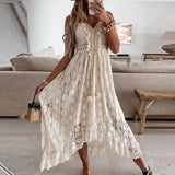 2021 Summer Casual V-Neck Lace Patchwork Dress Women Mid-Calf Dress Sexy Hollow Out Sleeveless Spaghetti Strap Dress