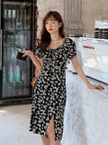 Women Daisy-printing Elegant Various Design Square Collar Sweet Lady All-match Leisure Holiday Sundress Korean Style