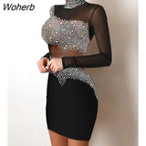 Women Rhinestone Deco Contrast Mesh Bodycon Dress 2022 New Femme Mock Neck Mini Skinny Party Robe Lady Club Clothing traf-Outfit
