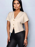 Solid Color V-Neck Metal Button Asymmetrical Sleeve